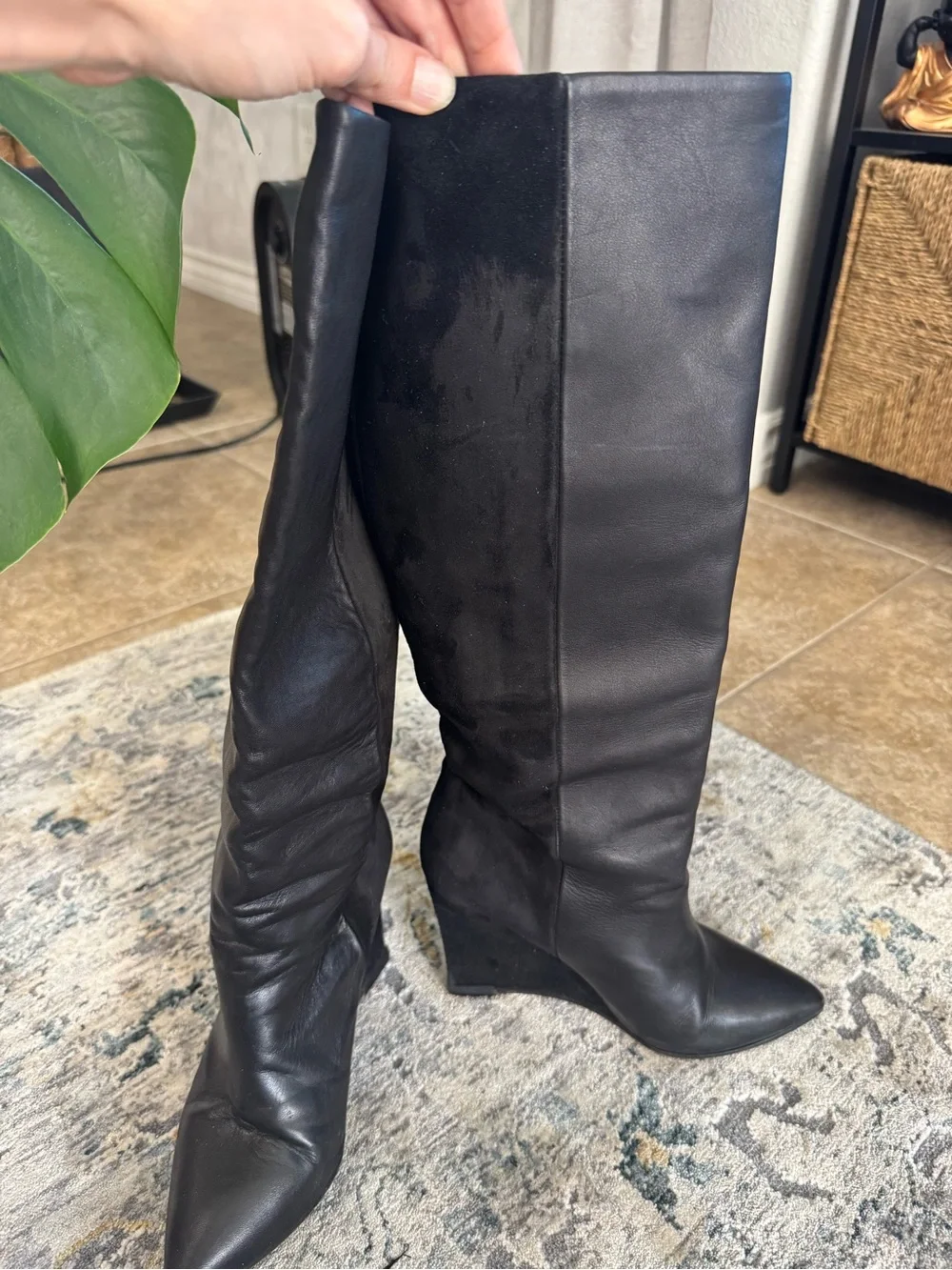 All Saints Black Leather and Suede Over-the-Knee Wedge Boots